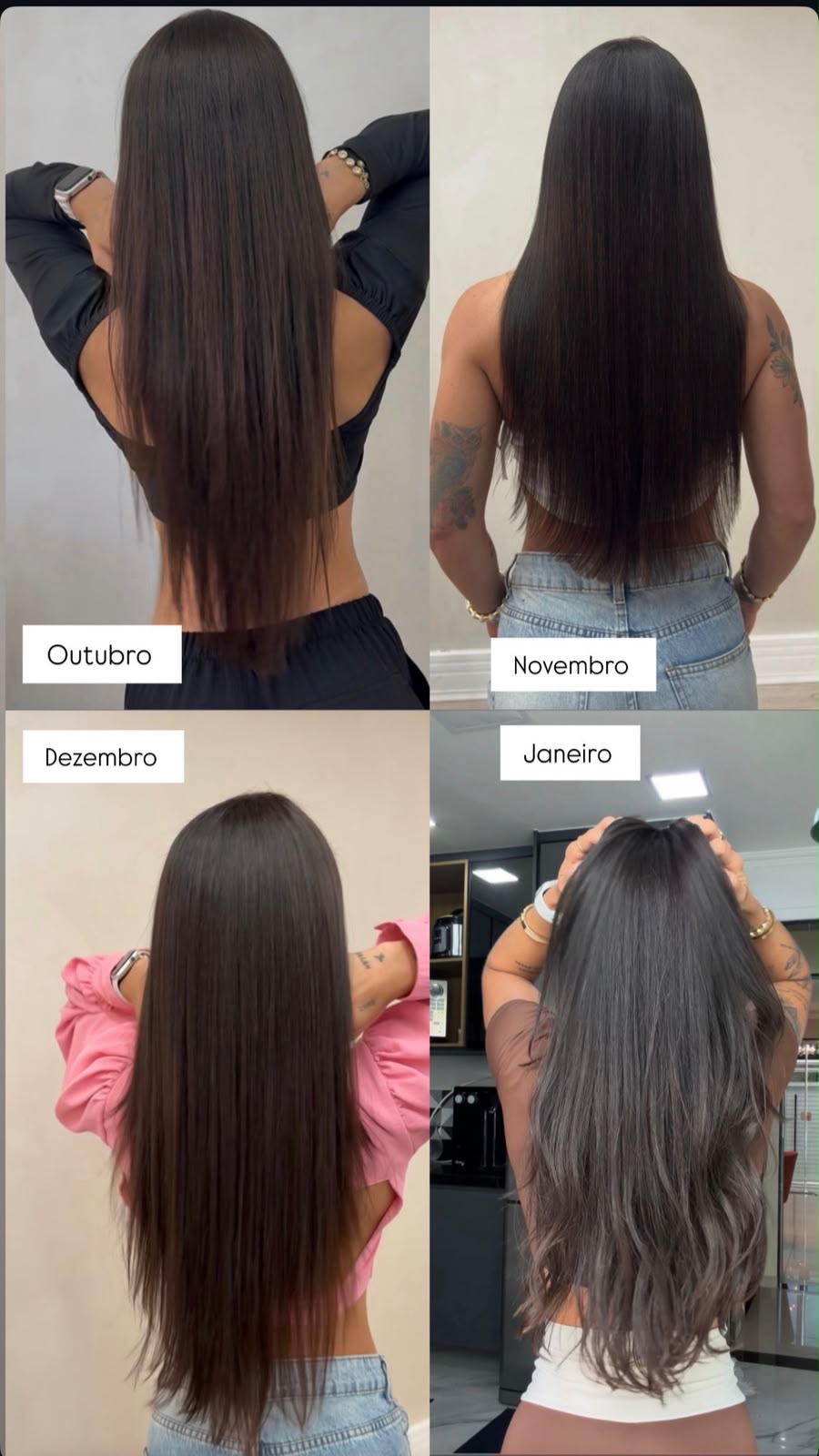 Registro mês a mês da evolução do cabelo, de outubro a janeiro